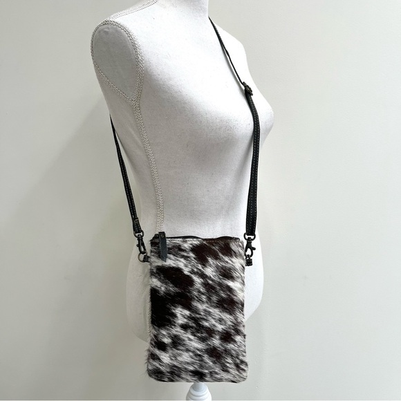 Myra Bag Black Brown Genuine Cowhide Fur Leather Crossbody Bag - Picture 1 of 6